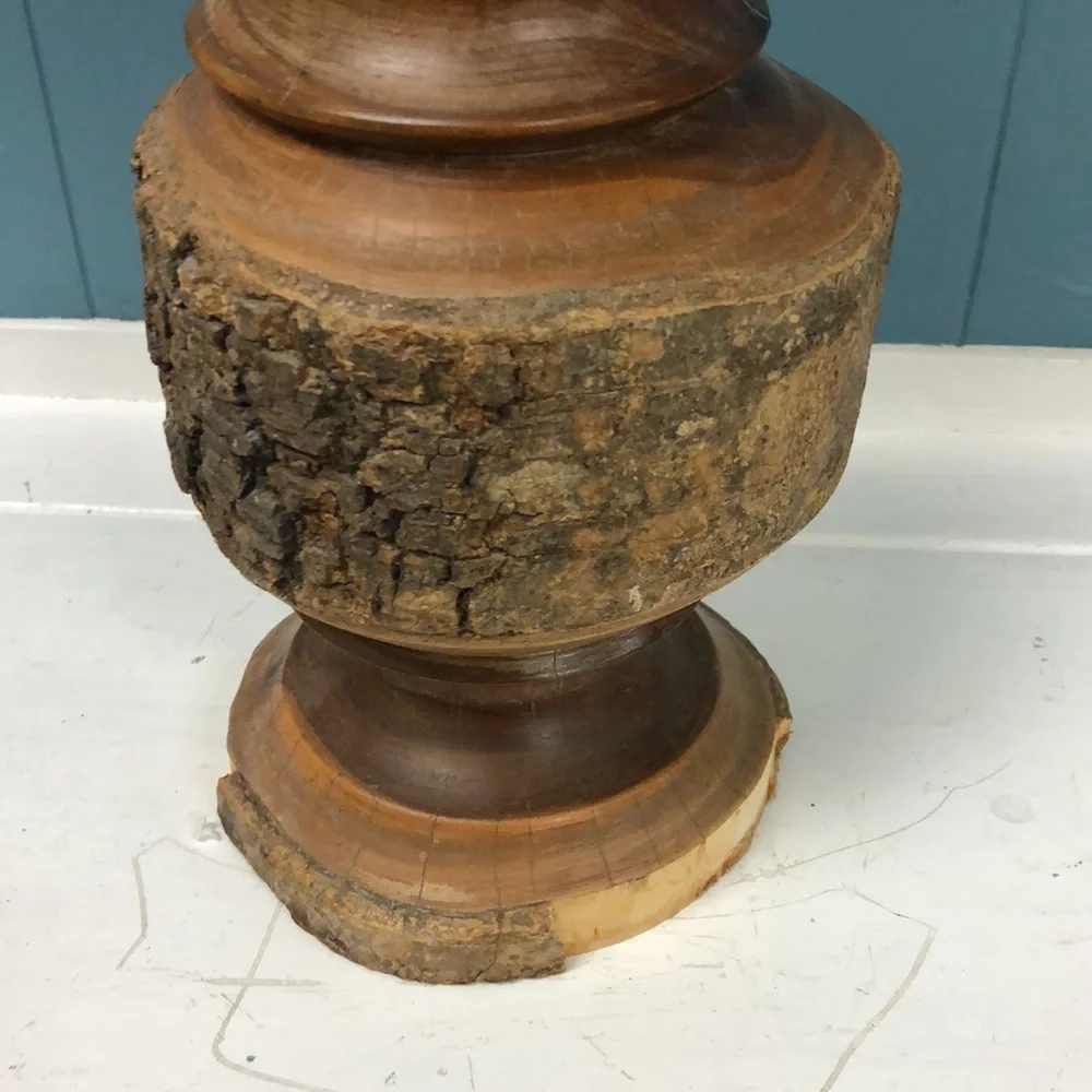 Vintage Large 15.5” Hand Turned‎ Wooden Vase Mantle solid wood with bark accents